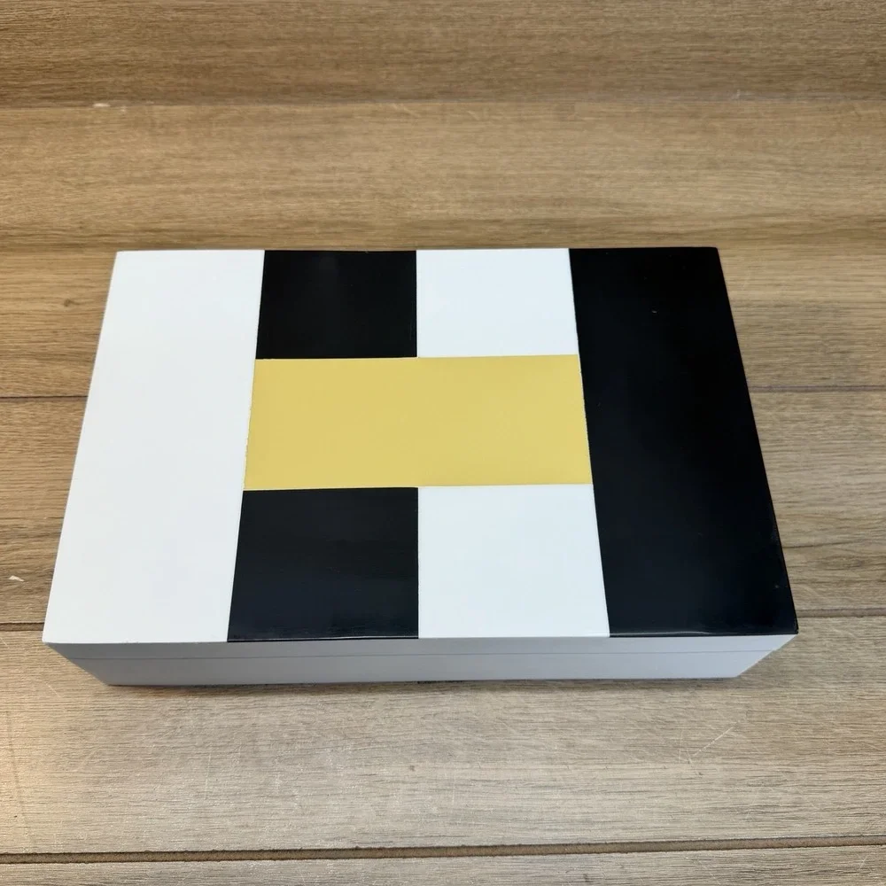 Handmade Wood Storage Stash Trinket Box Black Yellow White Geometric Hinged